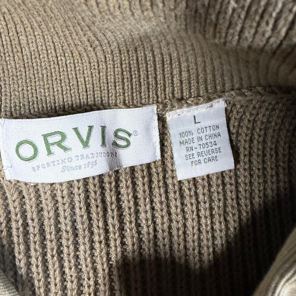 Orvis Mens L Tan Khaki Cotton Tactical Shawl Collar Sweater Elbow Patches - Picture 3 of 9
